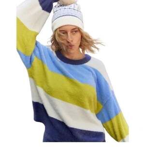 Aerie Flurry Crew Colorblock Fuzzy Striped Sweater